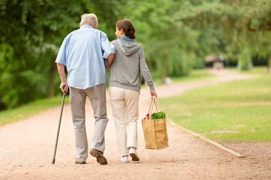 A man and woman stroll down a path, carrying a bag of groceries together.