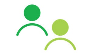 A logo in green and white depicting two individuals, symbolizing teamwork and unity.